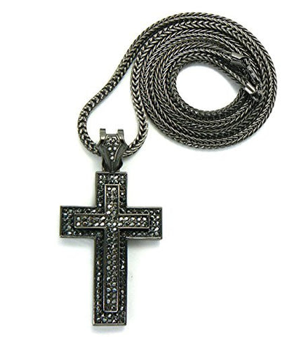 Simple Iced Out Hematite Tone Cross Pendant w/ 4mm 36" Franco Chain