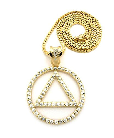 Pave Triangle in Circle Rapper Pendant 3mm 30" Box Chain Necklace in Gold-Tone