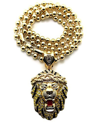 Rappers' Iced Out Lion Head Pendant with 6mm 36" Ball Chain Necklace - Yellow/Gold-Tone