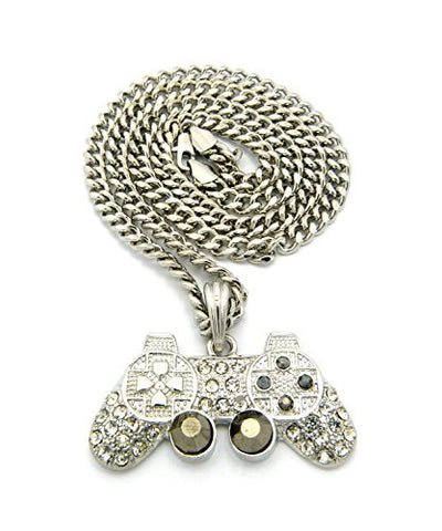 Iced Out Game Controller Micro Pendant with 5mm 24" Cuban Link Chain Necklace in Silver-Tone