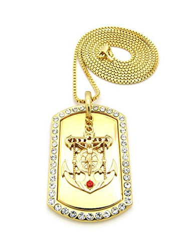 Pave Anchor Jesus Cross Piece Dog Tag Pendant 2mm 36" Box Chain Necklace in Gold-Tone