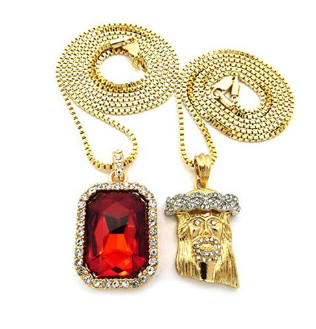 Micro Faux Ruby Stone & Pave Two-Tone Jesus Pendant 2mm 24" 30" Box Chain Necklace Set - Gold-Tone