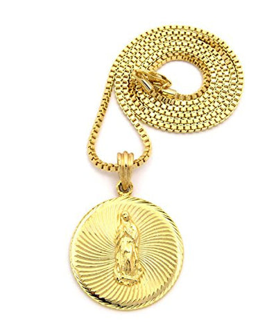 Embossed Saint Mary Medal Piece 24" Box Chain Necklace in Gold-Tone RC509G