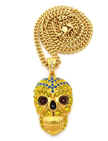 Pave Skull Head Mask Pendant with 6mm 36" Cuban Link Chain - Blue/Yellow/Gold-Tone