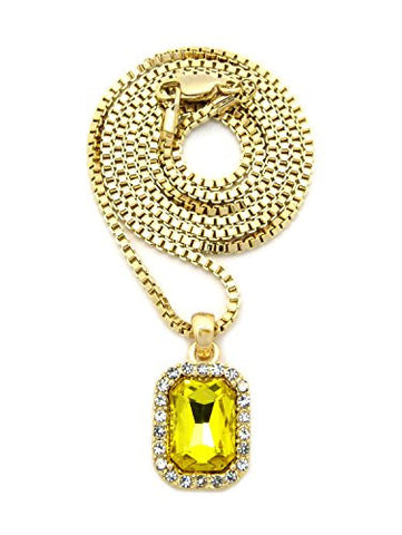 Pave Yellow Stone Pendant w/ 2mm 24" Box Chain Necklace in Gold-Tone