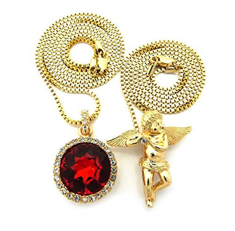 Micro Round Faux Ruby & Solitaire Angel Pendant 2mm 24" 30" Box Chain Necklace Set - Gold-Tone