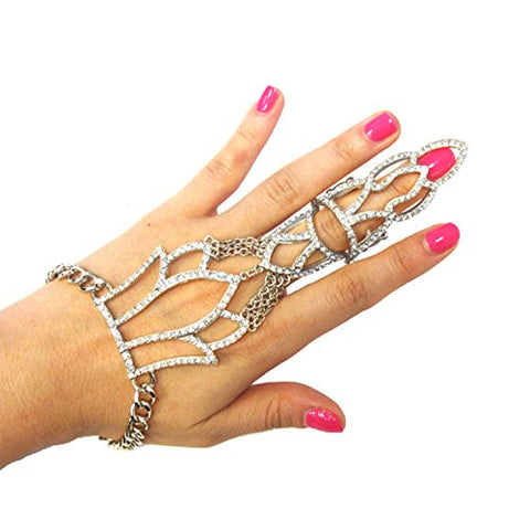 Pave Floral Design Bracelet Ring Set Hand Jewelry in Silver-Tone JB1039RDCLR