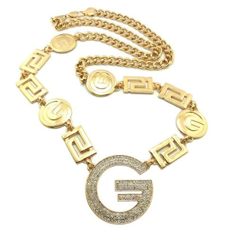 Iced Out Initial G Pendant w/ Square Pieces 10mm 36" Link Chain Necklace in Gold-Tone