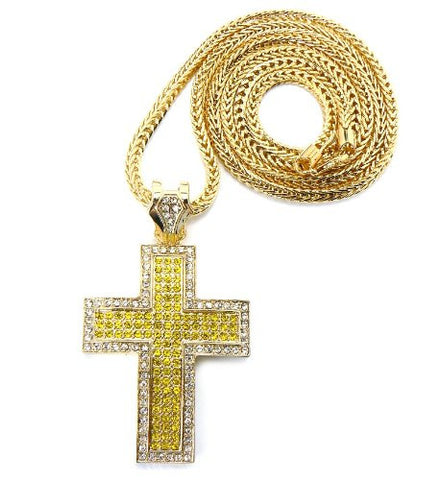 Thick Carved Gold/Yellow Tone Iced Out Cross Pendant w/ 4mm 36" Franco Chain
