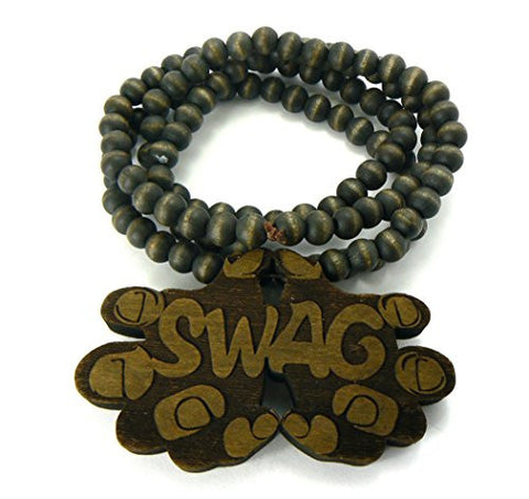 Swag in Hand Palm Swag Wood Pendant 36" Wooden Bead Chain Necklace in Brown-Tone WJ145BRN