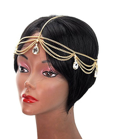 Dangling Multiple Teardrop Rhinestone Head Chain Jewelry in Gold-Tone