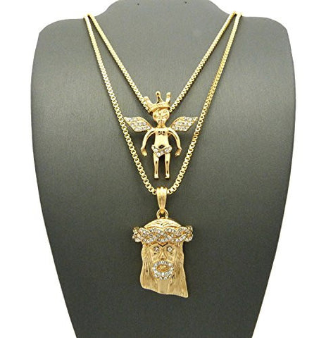 Pave Crown Cherub & Pave Jesus Pendant Micro Set w/ 24" 30" Box Chain Necklaces in Gold-Tone