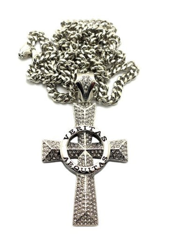 Iced Out Silver Tone VERITAS AEQUITAS Cross w/ 6mm 36" Miami Cuban Chain