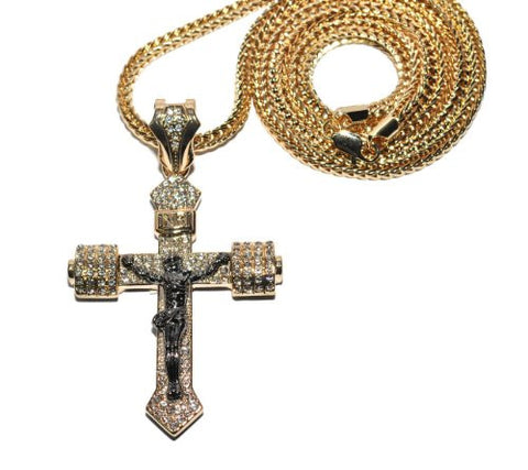 Iced Out Gold/Hematite Tone Crucifixion Cross Pendant w/ 36" Franco Chain