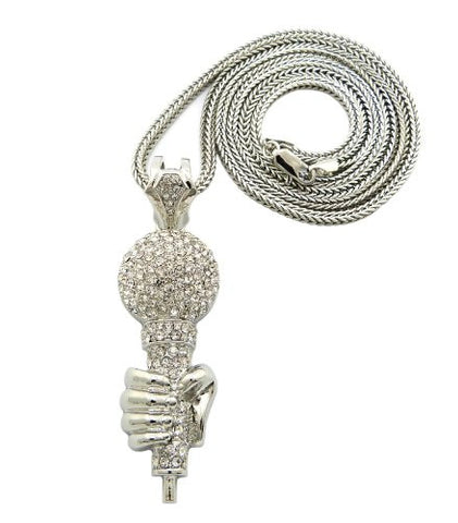 Iced Out Microphone in Hand Pendant 3.5mm 36" Franco Chain Necklace in Silver-Tone