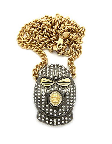 Iced Out Ski Mask Goon Pendant Hematite-Tone 6mm 36" Cuban Chain Necklace in Gold-Tone