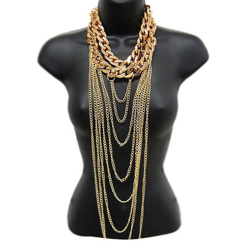 Double Layer Gold Color Curb Chain Drop Strand Necklace Fashion Body Chain 20mm 13" & 14" Main Chain RN1037GD