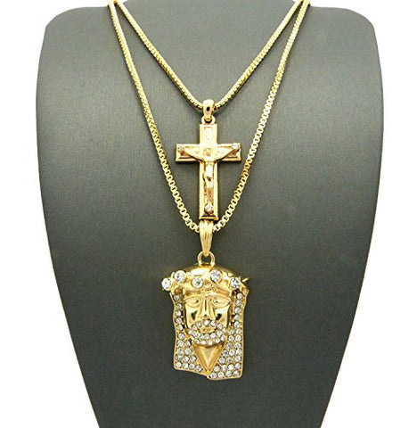 Rhinestone Crown Jesus & Stone Stud Crucifix Cross Pendant Set w/ 24" 30" Box Chains in Gold-Tone
