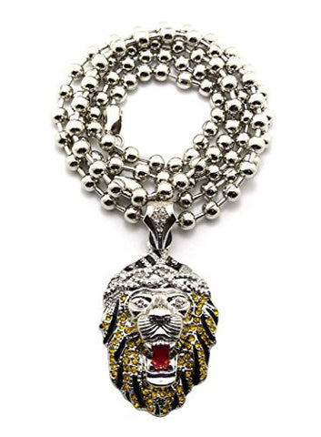 Rappers' Iced Out Lion Head Pendant with 6mm 36" Ball Chain Necklace - Yellow/Silver-Tone