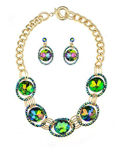 Encircled Round Cut Green Stone Necklace and Earrings Jewelry Set in Gold-Tone