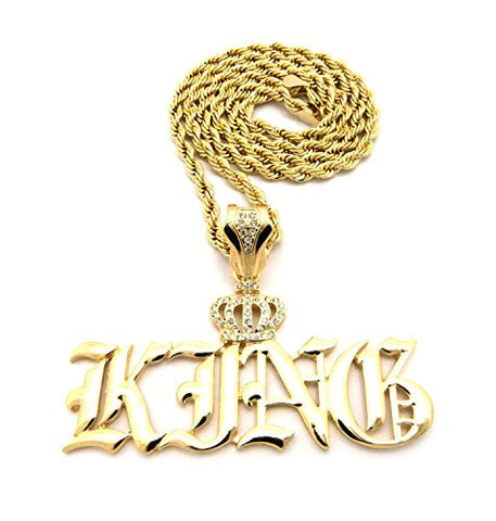 KING Pendant with Iced Out Crown 5mm 30" Rope Chain Necklace in Gold-Tone