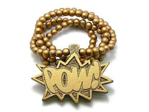 Pow! Hip Hop Wood Pendant 8mm 36" Wooden Bead Chain Necklace in Gold-Tone