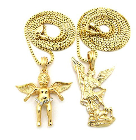 Pave Baby Angel and Archangel Necklace Set with 24" 30" Box Chains - Gold-Tone