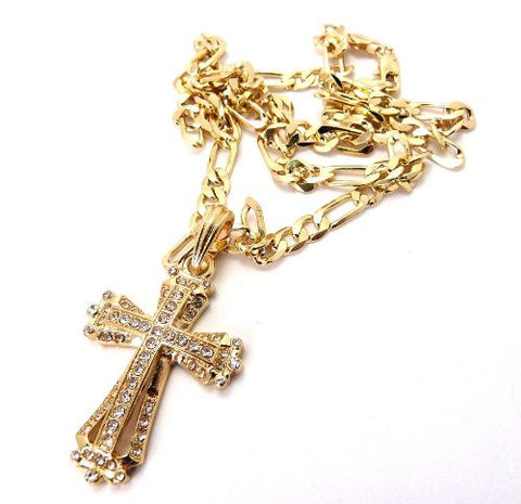 Gold Tone Classic Cross Pendant w/ 5mm 24" Figaro Chain Necklace MSP203G