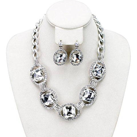 Encircled Radiant Cut Clear Stone Necklace and Earrings Jewelry Set