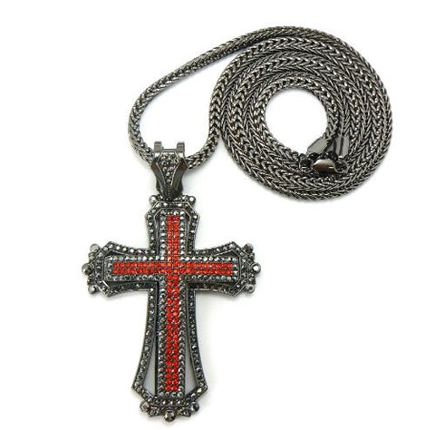 Hematite/Red Tone Paved Medieval Style Cross Pendant w/ 36" Franco Chain