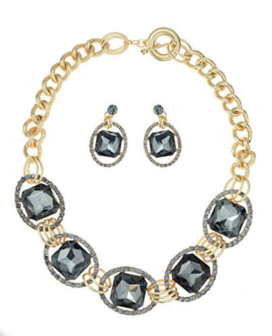 Encircled Radiant Cut Black Stone Necklace and Earrings Jewelry Set