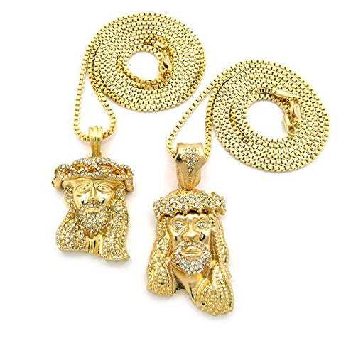 Two Paved Jesus Pendant Necklace Set with 30" Box Chain Necklaces - Gold-Tone RC448G