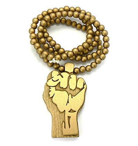 Raising Fist Wood Pendant 8mm 36" Wooden Bead Chain Necklace in Gold