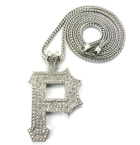Iced Out Initial Letter P Pendant 4mm 36" Franco Chain Necklace in Silver-Tone