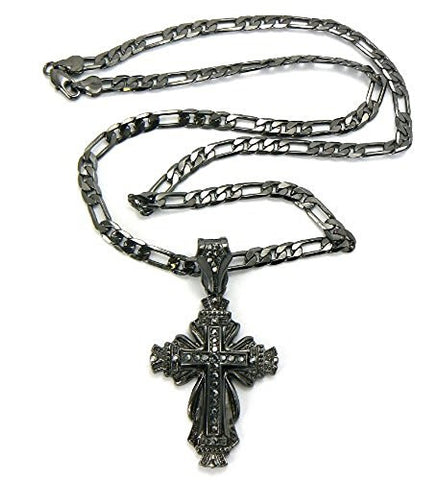 Paved Hematite Tone Medieval Cross Pendant 24" Figaro Chain Necklace