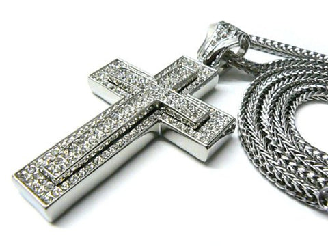 Simple Iced Out Silver Tone Cross Pendant w/ 4mm 36" Franco Chain