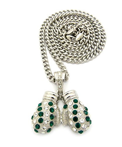 Rhinestone Studded Boxing Gloves Pendant 6mm 36" Cuban Link Chain Necklace - Green/Silver-Tone