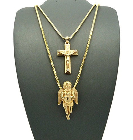 Stone Stud Crucifix Jesus Cross & Solid Praying Angel 24" 30" Box Chain Necklace Set in Gold-Tone