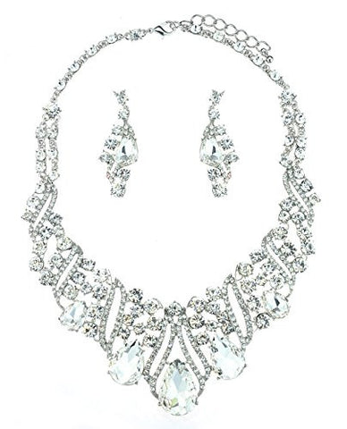 Elegant Teardrop Accent Clear Stone Necklace and Earrings Jewelry Set in Silver-Tone