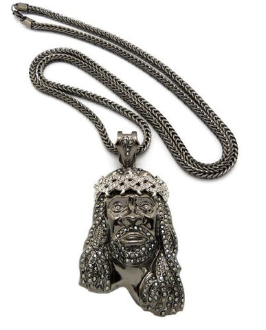 Crown of Thorns Jesus Paved Pendant 36" Franco Chain Necklace - Hematite/Silver-Tone MP449HE-2TR