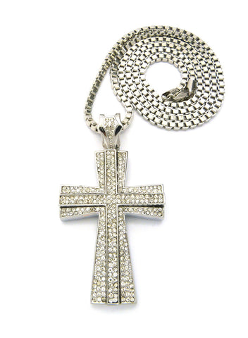 Cross Pendant w/ 36" Chain Necklace - Box Chain, Iced Out Layered Cross
