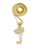 Stone Stud Allover Tilted Crown Initial J Pendant w/ 2mm 24" Box Chain Necklace, Gold-Tone
