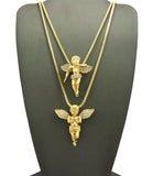 Stone Stud Extended Wing Praying Angel Set w/ 24" & 30" Gold-Tone Box Chain Necklaces