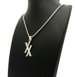 Stone Stud Double X Pendant w/ 2mm 24" Rope Chain Necklace