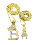 Stone Stud Power Plug & Tilted Crown Initial B Pendant Set w/ Gold-Tone Box Chain Necklaces