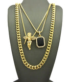 Colored Gemstone & Hip Hop Pendant Set on Box Chains with Cuban Chain in Gold-Tone