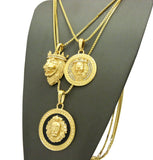 Lion Head Trio Pendant Set with Gold-Tone Box Chain Necklaces