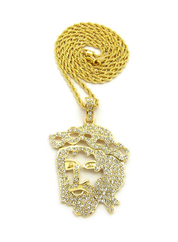 Stone Stud Hollow Jesus Face Pendant w/Chain Necklace, Gold-Tone