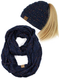 C.C Colorful Confetti BeanieTail Messy High Bun Cable Knit Beanie and Infinity Loop Scarf Set