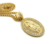 Stone Stud Oval Virgin Mary Medal Pendant with 6mm Cuban Chain in Gold-Tone, 36"
